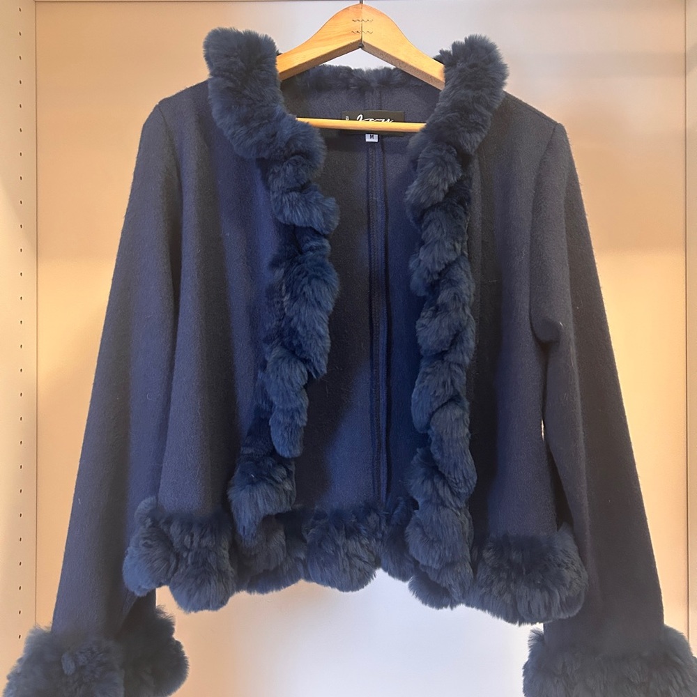 Joy Cherry Navy Blue Cardigan with Fur Trim